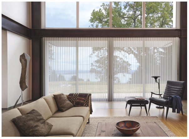 Hunter Douglas Luminette Privacy Sheers with vanes open to see lake view