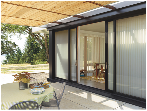 Patio sliding glass doors with Hunter Douglas Luminette Privacy Sheers 